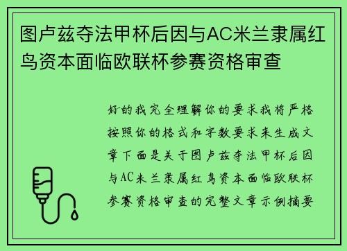 图卢兹夺法甲杯后因与AC米兰隶属红鸟资本面临欧联杯参赛资格审查 图卢兹夺法甲杯后因与AC米兰隶属红鸟资本面临欧联杯参赛资格审查
